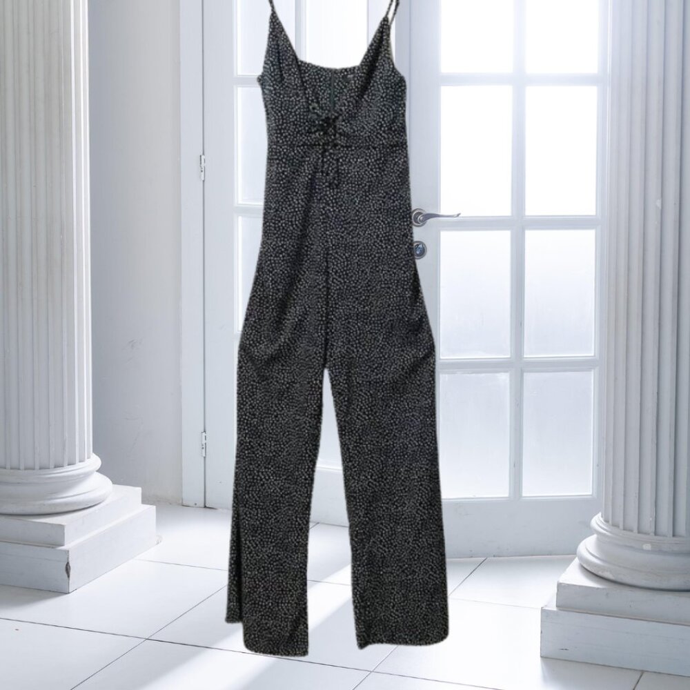 Audrey 3+1 Green Polka Dot Wide Leg Jumpsuit M Tie Front Spaghetti Strap Romper - Picture 2 of 12